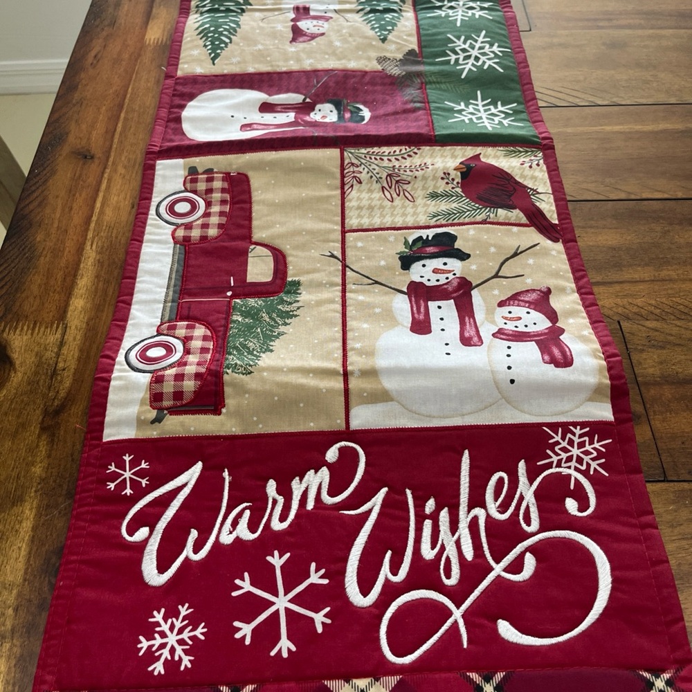 St. Nicholas Square Patchwork Snowman Red Truck Snow Table Runner‎ 13 x 36"